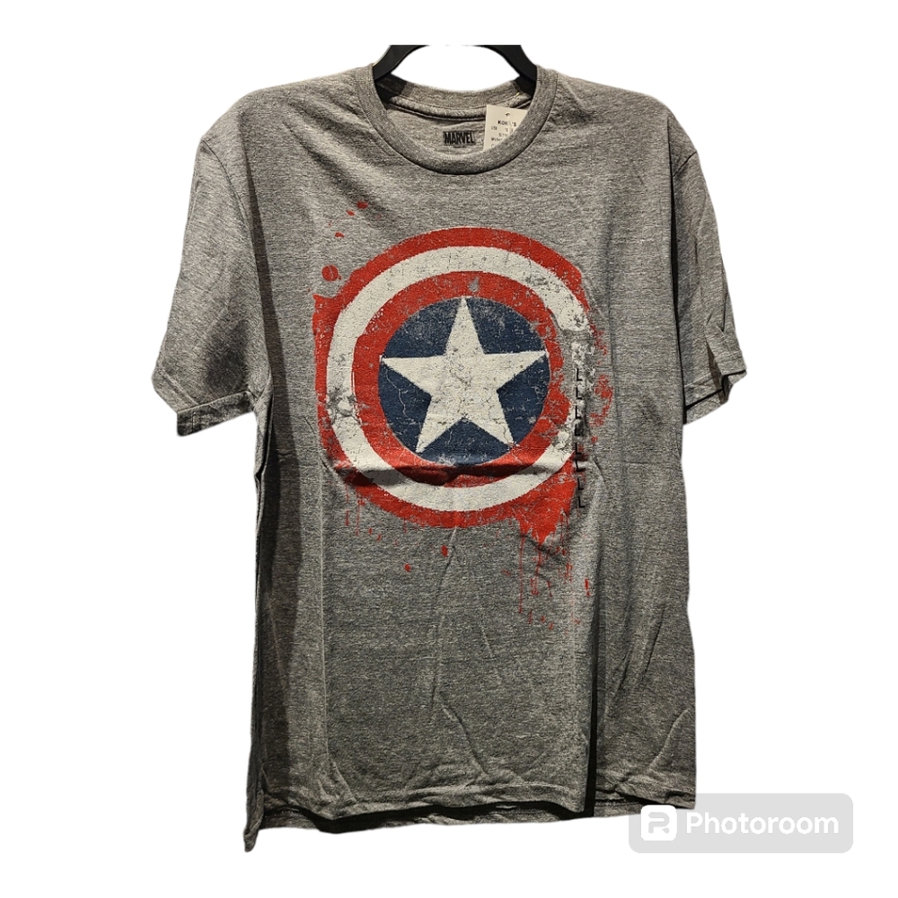 Marvel Captain America Mens Graphic T-shirt. Size L. Grey w/ Iconic Shield Logo